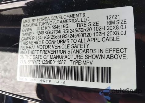 2022 Honda Pilot 2Wd Special Edition из США, поврежденный, VIN 5FNYF5H25NB011587